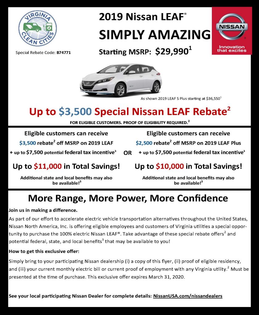  3 500 Rebate On The 2019 Nissan LEAF Now Available Virginia Clean 