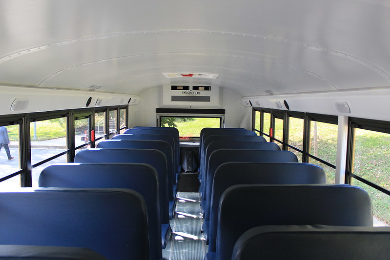 The inner seat rows of an electric school bus.